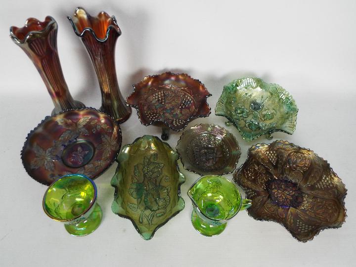Carnival Glass - A selection of carnival glass to include a pair of iridescent glass vases,