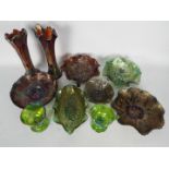 Carnival Glass - A selection of carnival glass to include a pair of iridescent glass vases,