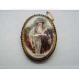 A brooch decorated with a scene after J B Greuze entitled Oelverkauferin (Oil Seller),