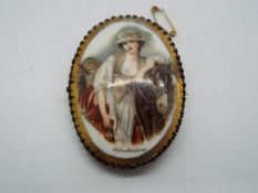 A brooch decorated with a scene after J B Greuze entitled Oelverkauferin (Oil Seller),