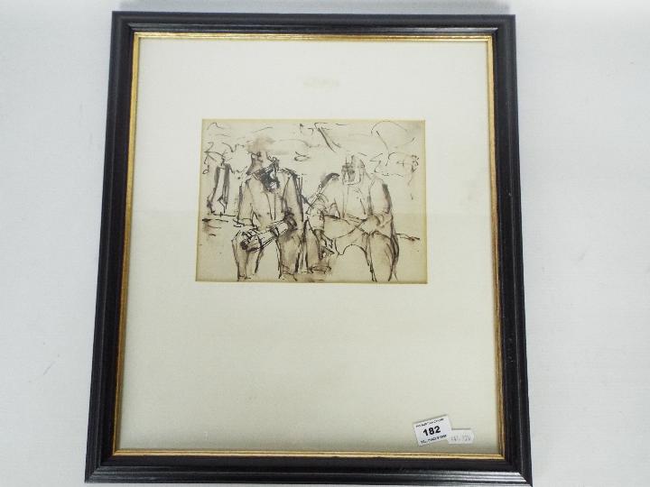 Attributed to Josef Herman - Ink and wash drawing of two seated male figures, Tib Lane Gallery, - Image 2 of 3