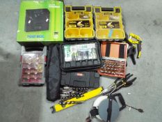 Lot to include Stanley Fatmax accessory organiser cases, clamps, drill bits, measures,