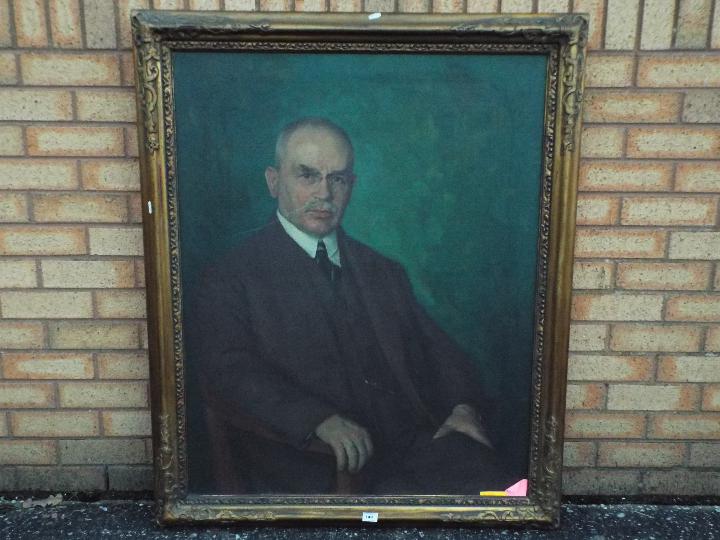 A large oil on canvas portrait of a smartly dressed, seated gentleman, framed,