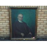 A large oil on canvas portrait of a smartly dressed, seated gentleman, framed,