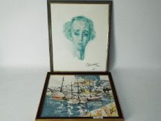 A framed oil on canvas harbour side landscape scene, signed lower right by the artist,