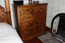 A burr walnut veneered chest of two over three drawers measuring approximately 119 cm x 108 cm x 53