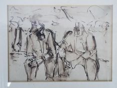 Attributed to Josef Herman - Ink and wash drawing of two seated male figures, Tib Lane Gallery,