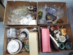 Mixed lot to include ceramics, glassware, plated ware and similar, four boxes.