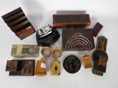 A selection of collectibles including two Mauchline napkin rings,