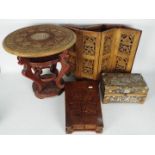 A folding table with carved decoration, 41 cm (h), a cinnabar lacquer style stand,