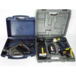 A Ryobi cordless drill, model CPD1441, contained in carry case and a Black & Decker planer,