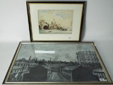 A framed watercolour, titled verso Demolition Of Waterloo Bridge, mounted and framed under glass,