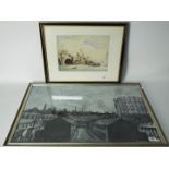 A framed watercolour, titled verso Demolition Of Waterloo Bridge, mounted and framed under glass,
