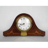 A mahogany cased, 8 day, mantel clock with inlaid decoration, retailed by R McDowell & Co Ltd,