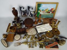 Mixed lot of collectables to include brassware, treen, cufflinks, dressing table items,