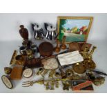 Mixed lot of collectables to include brassware, treen, cufflinks, dressing table items,