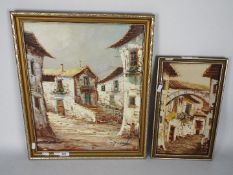 A framed oil on canvas depicting a European village scene, signed lower right Pascals,