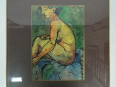 A watercolour and ink study of a female nude, mounted and framed under glass,