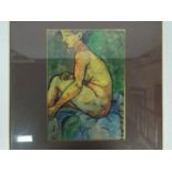 A watercolour and ink study of a female nude, mounted and framed under glass,
