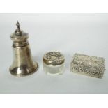 Lot to include a hallmarked silver pill box with repousse decoration and gilt interior,