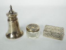 Lot to include a hallmarked silver pill box with repousse decoration and gilt interior,