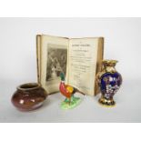 A small mixed lot of collectables to include a champleve enamel vase, a small studio pottery pot,