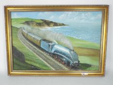 Framed oil on board depicting LNER 4468 Mallard, signed D Hey lower left and dated '80,