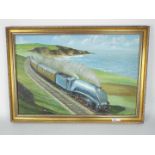 Framed oil on board depicting LNER 4468 Mallard, signed D Hey lower left and dated '80,