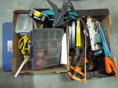 Mixed tools to include clamps, saw, auger drill bit set, organiser cases and similar, two boxes.