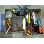 Mixed tools to include clamps, saw, auger drill bit set, organiser cases and similar, two boxes.