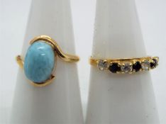 A 14 carat gold ring set with a Larimar stone, approx size of stone 1.2 cm x 0.