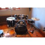 A Premier Olympic II drum kit, in black, bass drum, mid, high and low tom, snare drum,