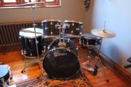 A Premier Olympic II drum kit, in black, bass drum, mid, high and low tom, snare drum,
