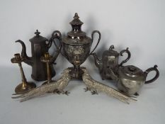 Plated and pewter wares to include samovar, coffee pot, teapot and other.