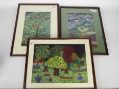 Three framed pictures in pastel, title verso Mountain Village, Summer Blossom and Autumn Colour,