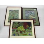 Three framed pictures in pastel, title verso Mountain Village, Summer Blossom and Autumn Colour,
