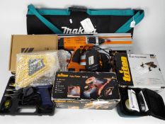 Mixed tools to include a Triton palm planer, Triton drill, router track adapter and other.