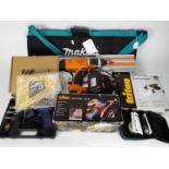 Mixed tools to include a Triton palm planer, Triton drill, router track adapter and other.