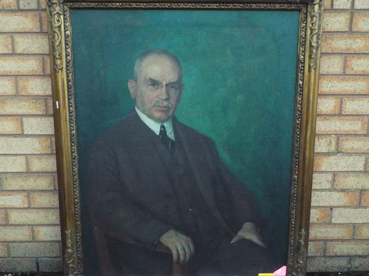 A large oil on canvas portrait of a smartly dressed, seated gentleman, framed, - Image 2 of 5