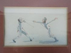 An ink and wash picture, titled verso Fencing by Albin Trowski, signed lower right,