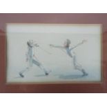 An ink and wash picture, titled verso Fencing by Albin Trowski, signed lower right,