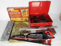 Mixed tools and accessories to include power drill, saws, accessories organiser,