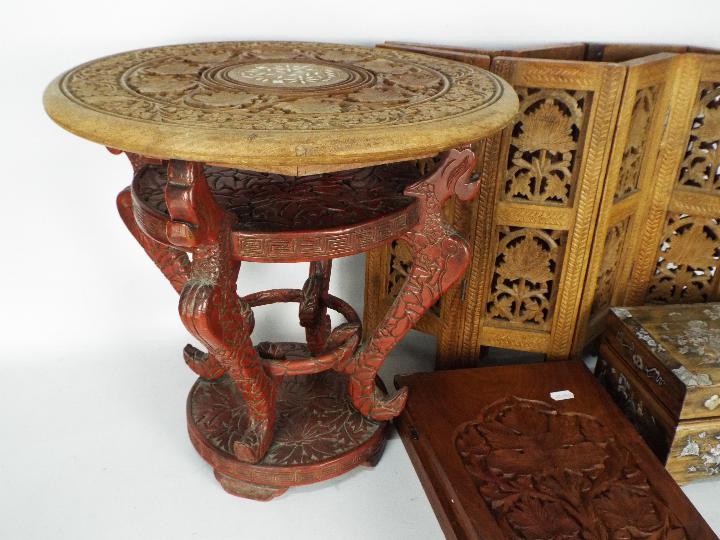 A folding table with carved decoration, 41 cm (h), a cinnabar lacquer style stand, - Image 2 of 7