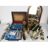 Lot to include a mahogany framed, bevel edge, arch top mirror, brass ware, flatware and similar.