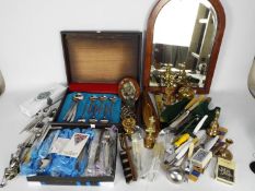 Lot to include a mahogany framed, bevel edge, arch top mirror, brass ware, flatware and similar.