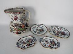 A small ironstone group comprising a Masons large jug (29 cm height) and four Ashworth Brothers