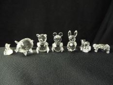 Glass animals - lot includes a glass frog, a glass pig, a glass rabbit, and other.