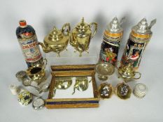 Lot to include plated ware, small decorative wall mirror, steins, trinket boxes and similar.