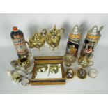 Lot to include plated ware, small decorative wall mirror, steins, trinket boxes and similar.