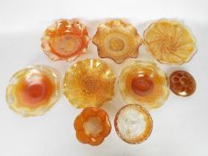 Carnival Glass - A collection of orange carnival glass to include dishes,